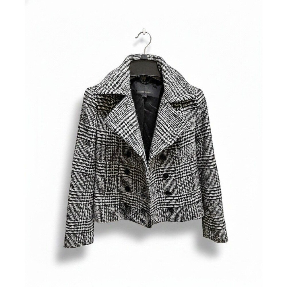 Wool-Blend Black & White Plaid Peacoat Jacket - Womens